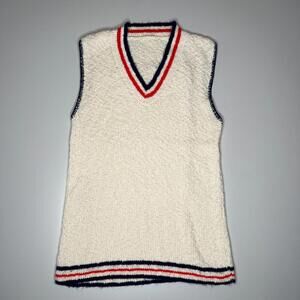Vintage 80s Women’s Knit Sweater Vest – Size M, White with Red & Navy Trim